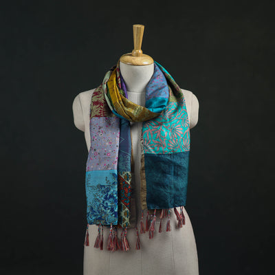 Pure Silk Reversible Patchwork Stole with Tassels 08