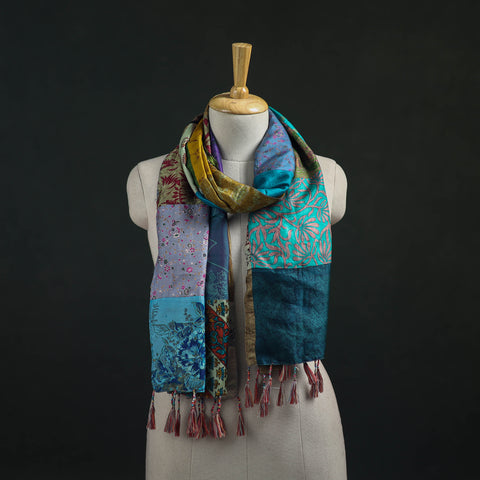 Multicolor - Pure Silk Reversible Patchwork Stole with Tassels 08