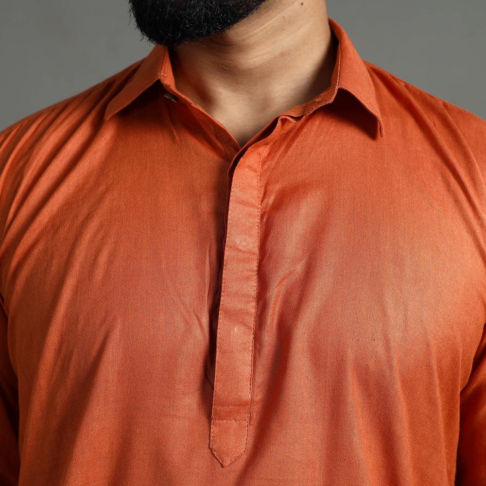 Burnt Orange - Linen Viscose Plain Men Long Pathani Kurta