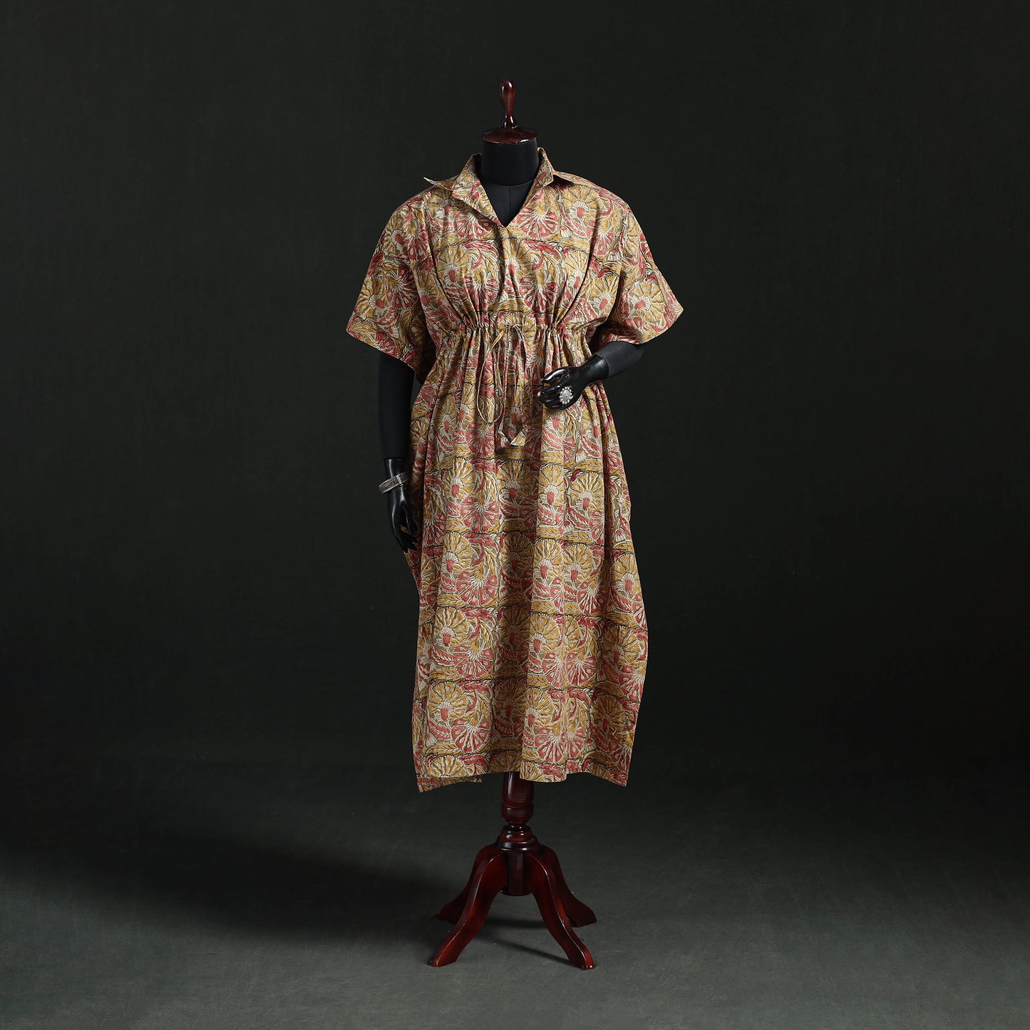 Beige - Kalamkari Hand Block Print Natural Dyed Cotton Kaftan (Long) 02