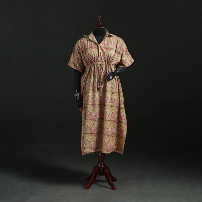 Beige - Kalamkari Hand Block Print Natural Dyed Cotton Kaftan (Long) 02
