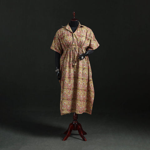 Beige - Kalamkari Hand Block Print Natural Dyed Cotton Kaftan (Long) 02