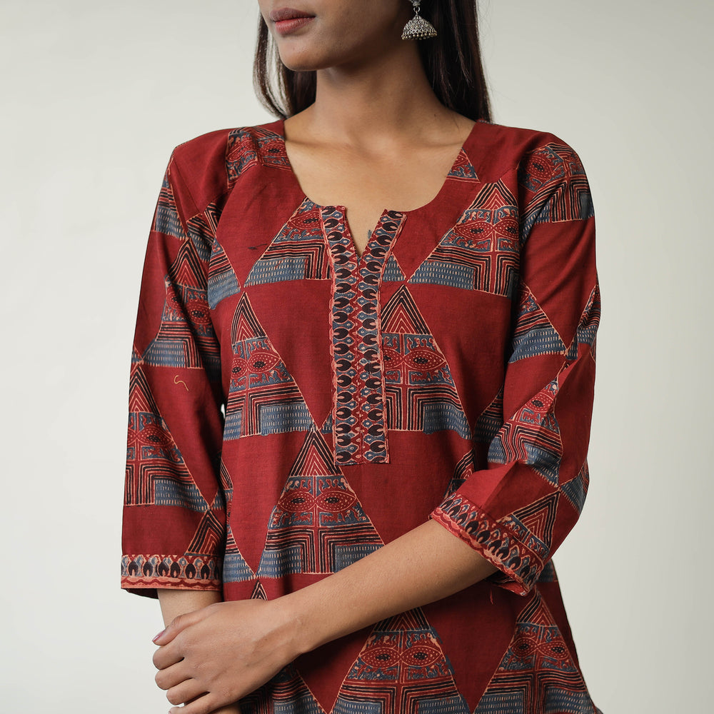 Red - Block Printed Cotton Straight Ajrakh Kurta 28