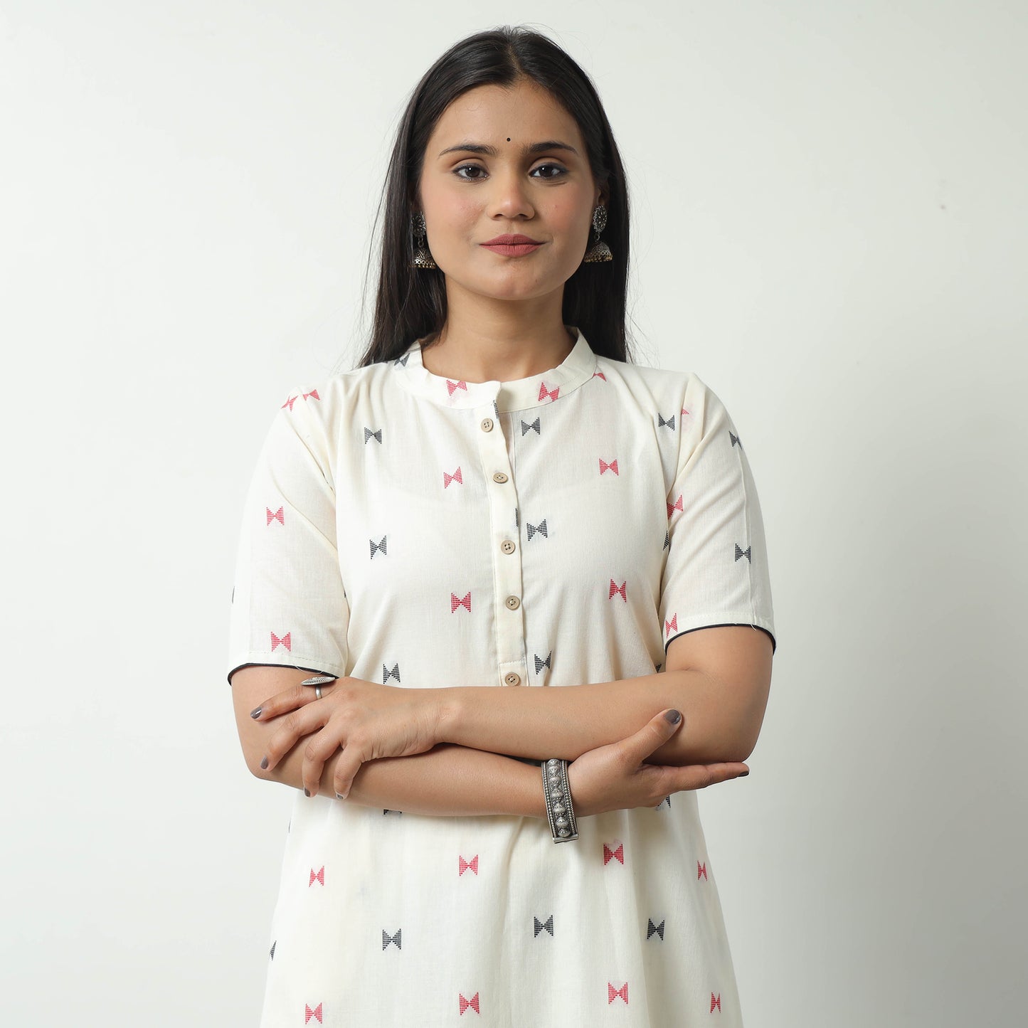 White - Jacquard Cotton A-Line Kurta 20