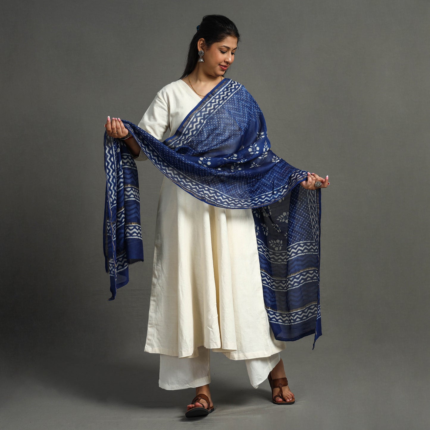 Blue - Bagru Dabu Hand Block Printed Chanderi Silk Zari Dupatta 70