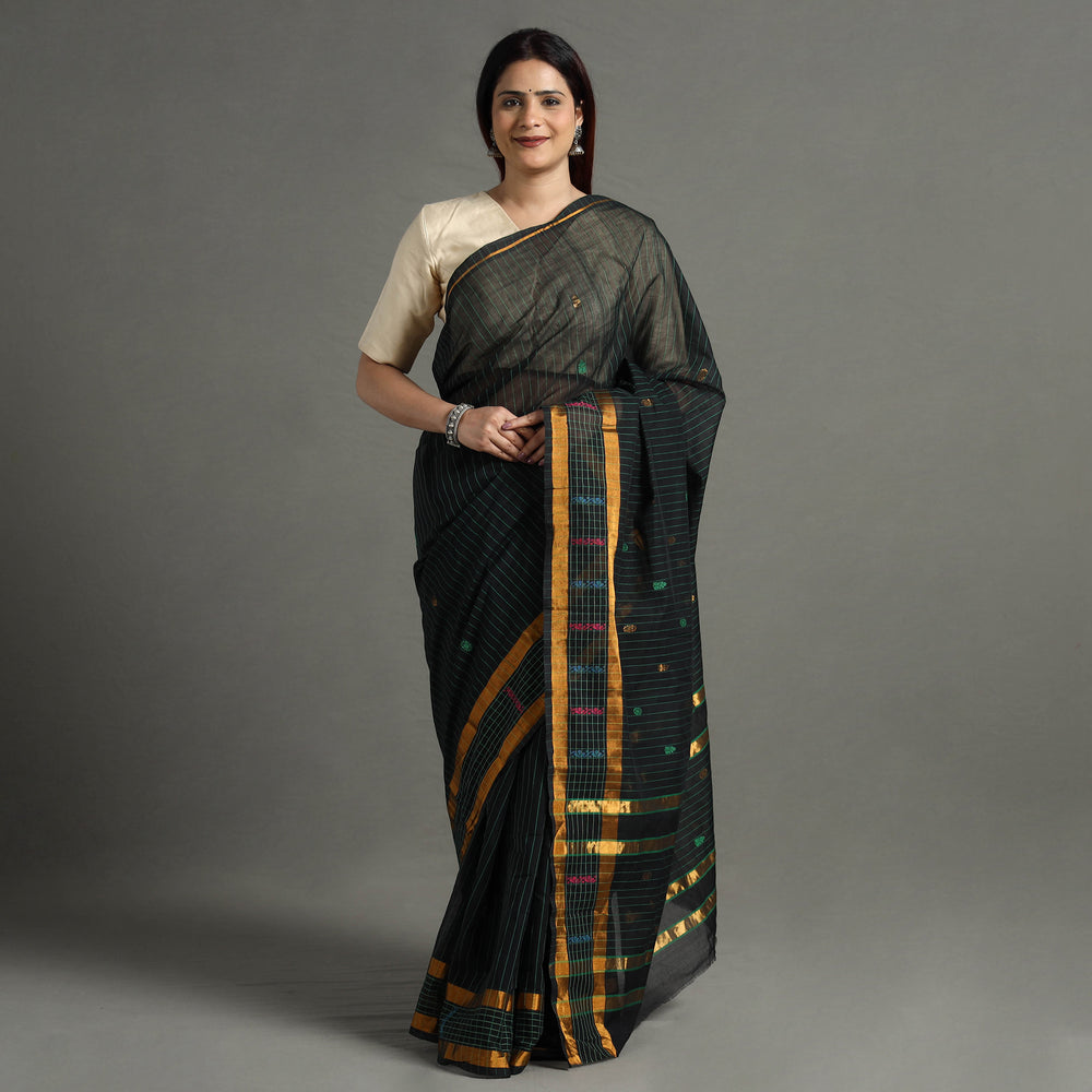 Green - Traditional Venkatagiri Handloom Cotton Stripe Saree with Thread & Zari Buti 34