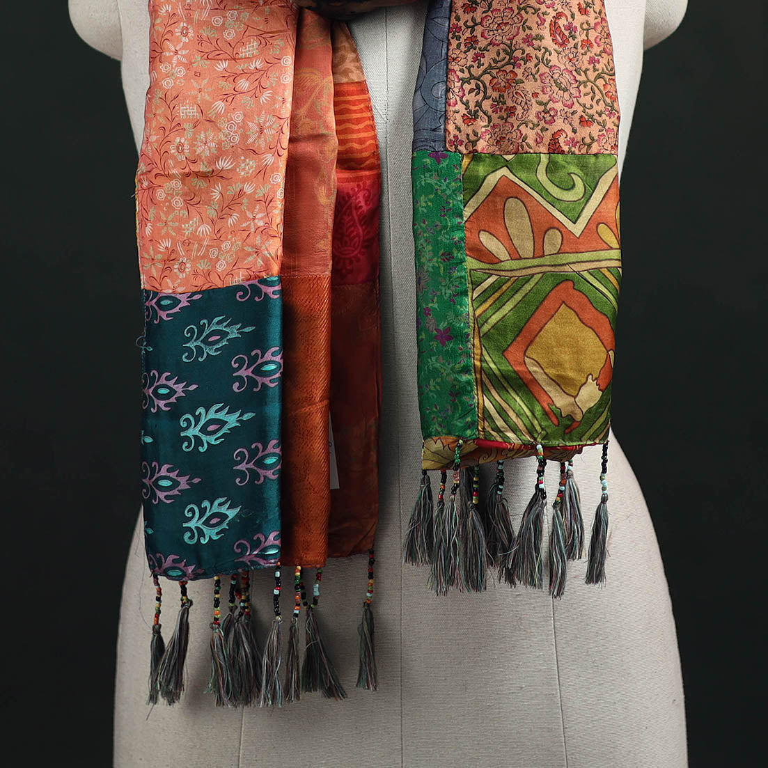 Pure Silk Reversible Patchwork Stole with Tassels 09