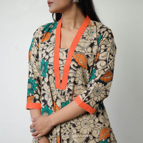 Beige - Printed Cotton Flared Kalamkari Kurta with Patchwork 03