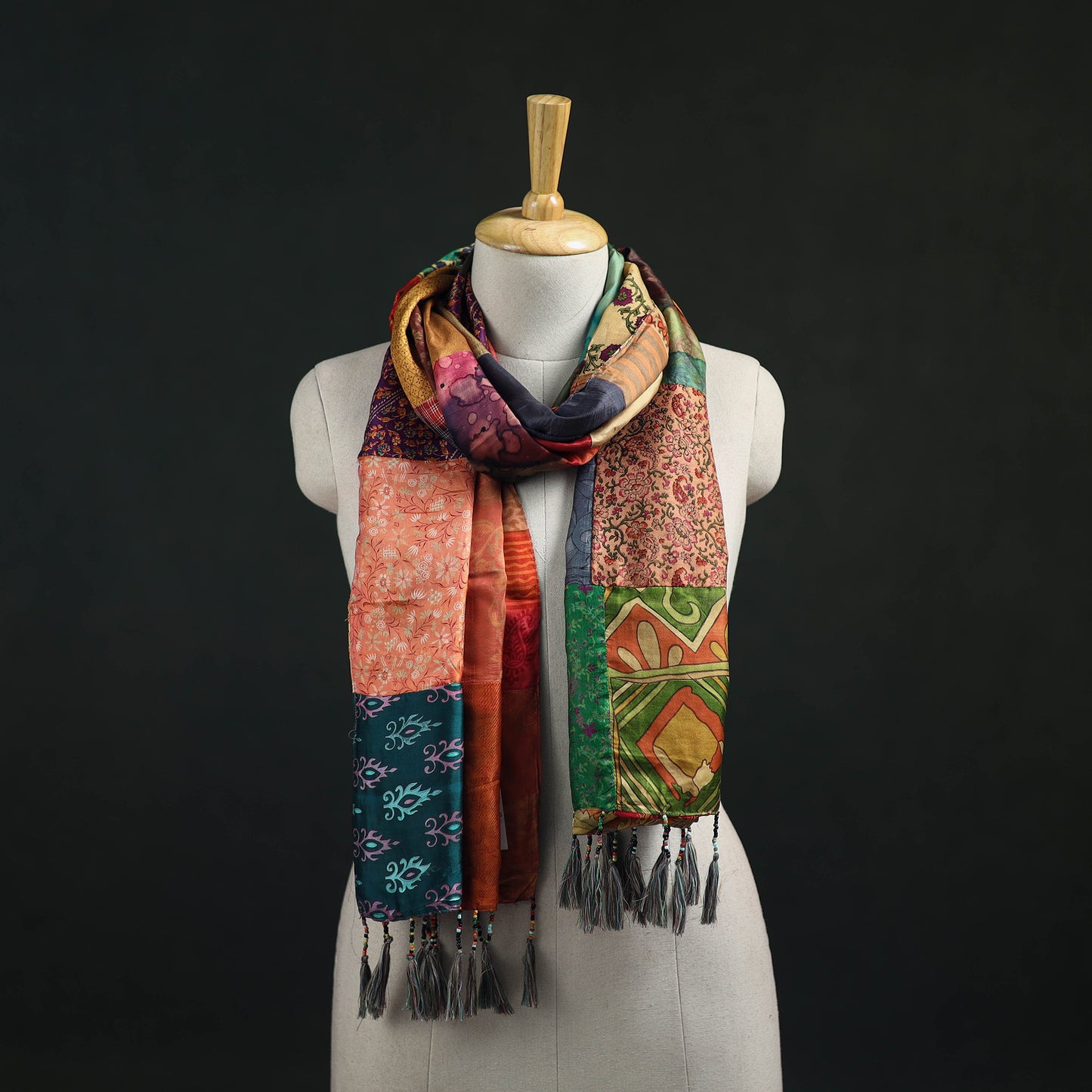Pure Silk Reversible Patchwork Stole with Tassels 09