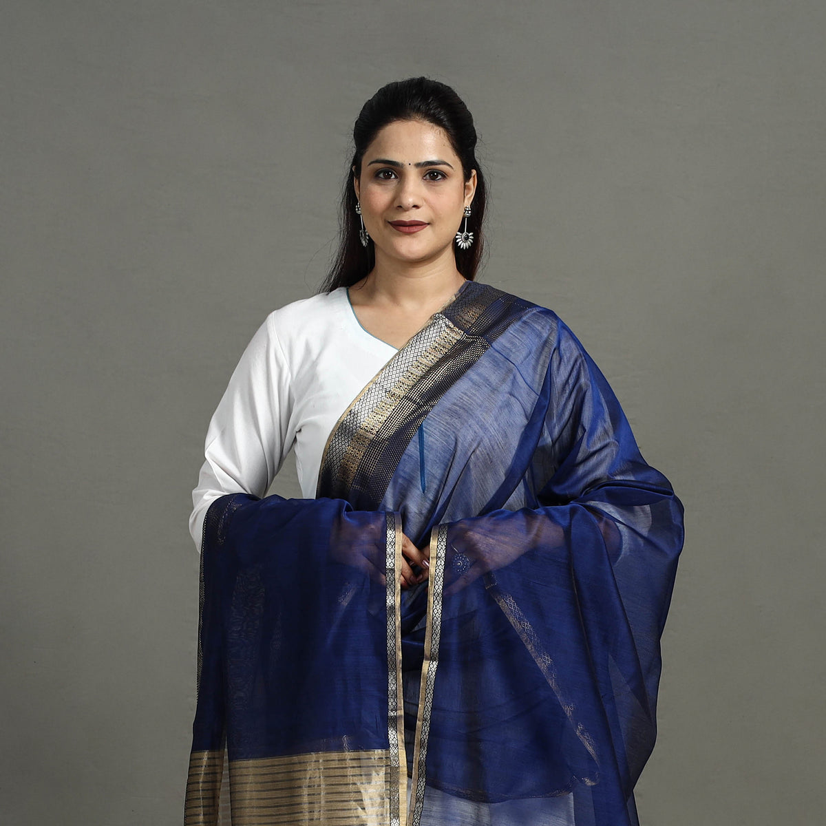 Blue - Handloom Silk Cotton Zari Work Maheshwari Dupatta 35