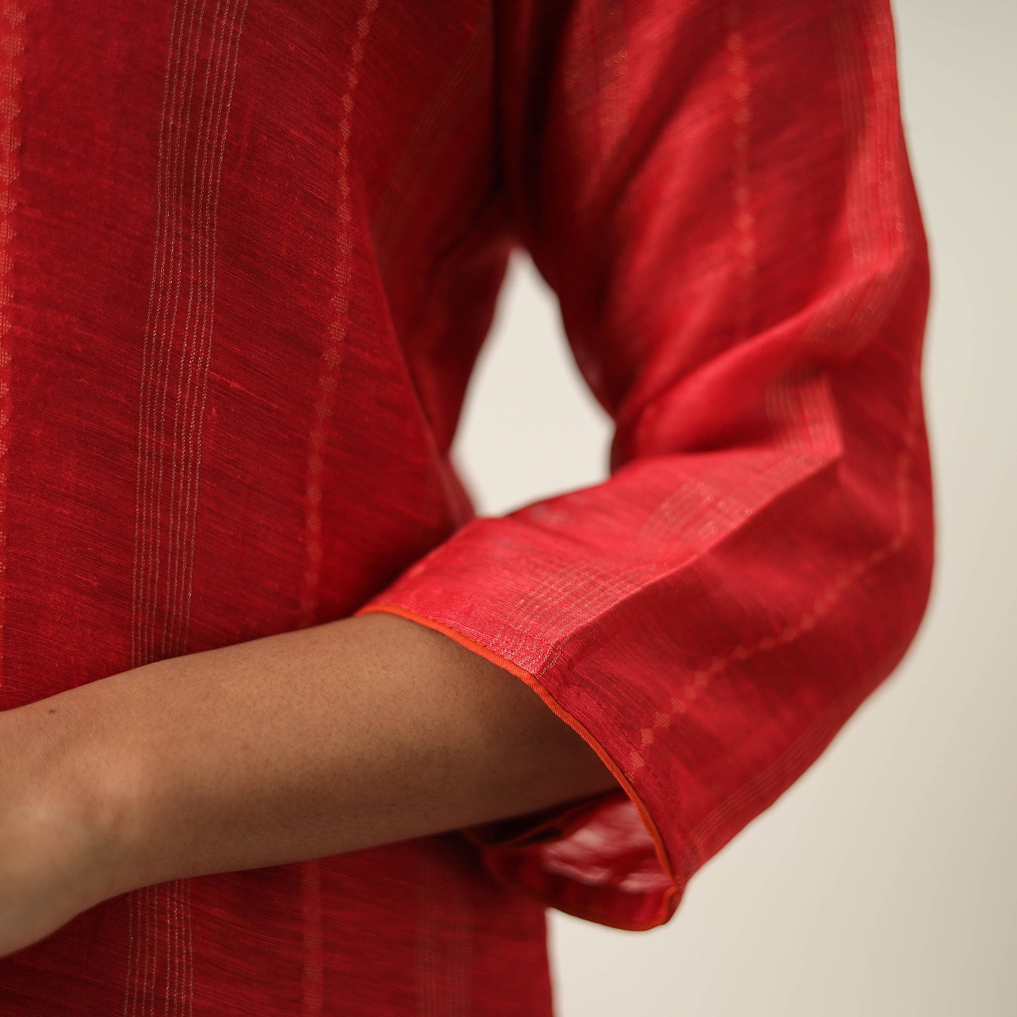 Red - Elegant Linen Silk Handloom Plain Kurta Set 03