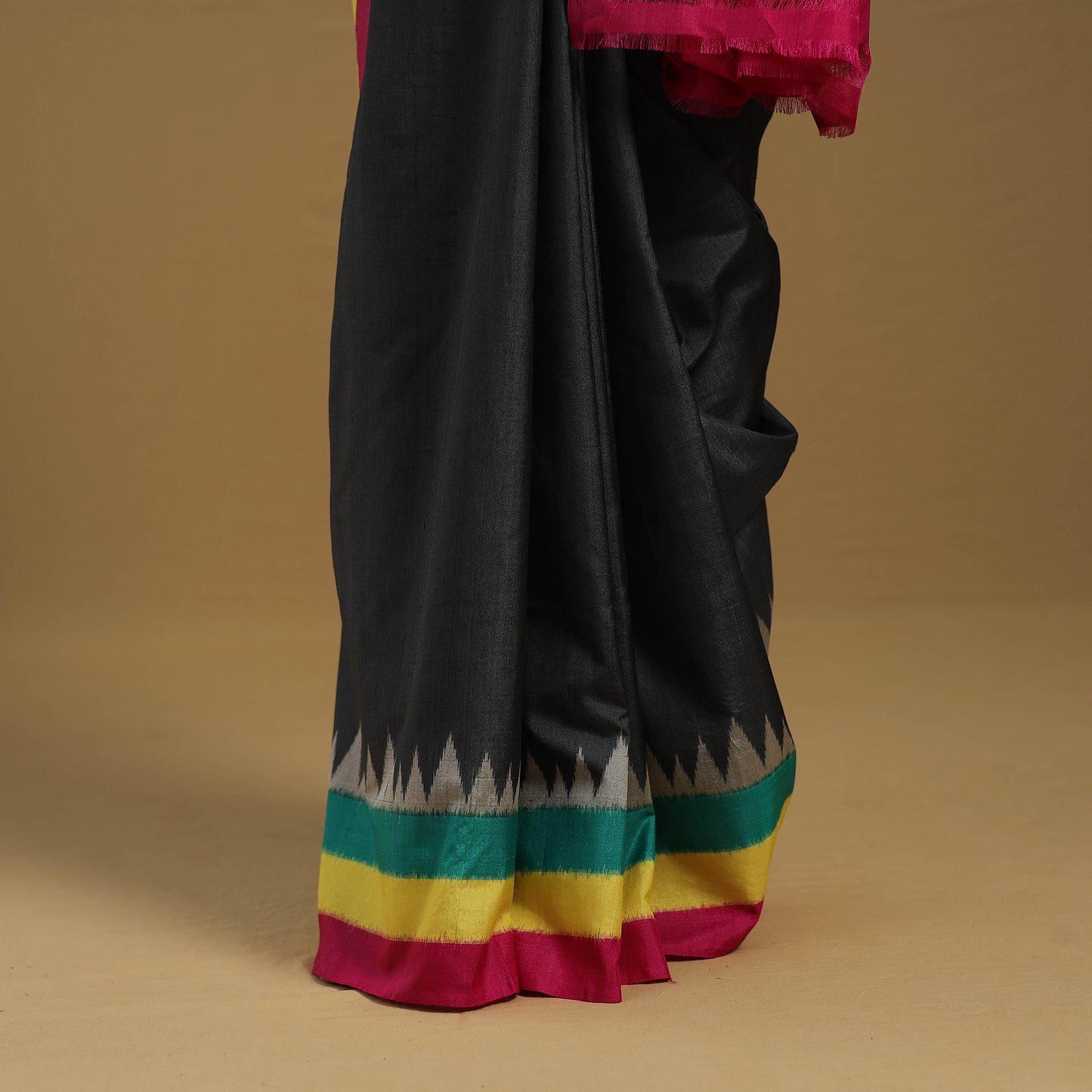 Black - Handspun Handloom Tussar Silk Pochampally Ikat Saree 01