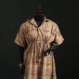 Beige - Kalamkari Hand Block Print Natural Dyed Cotton Kaftan (Long) 02