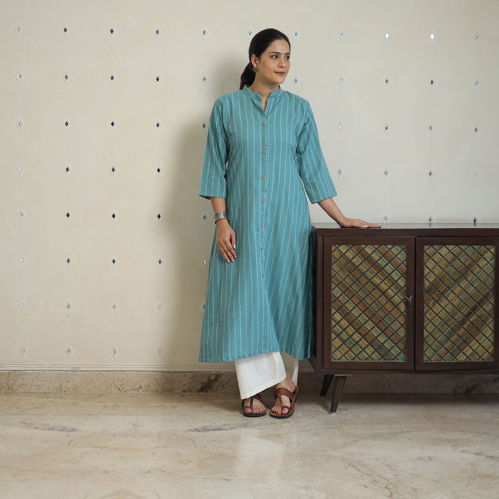 Green - Jacquard Cotton A-Line Kurta 19