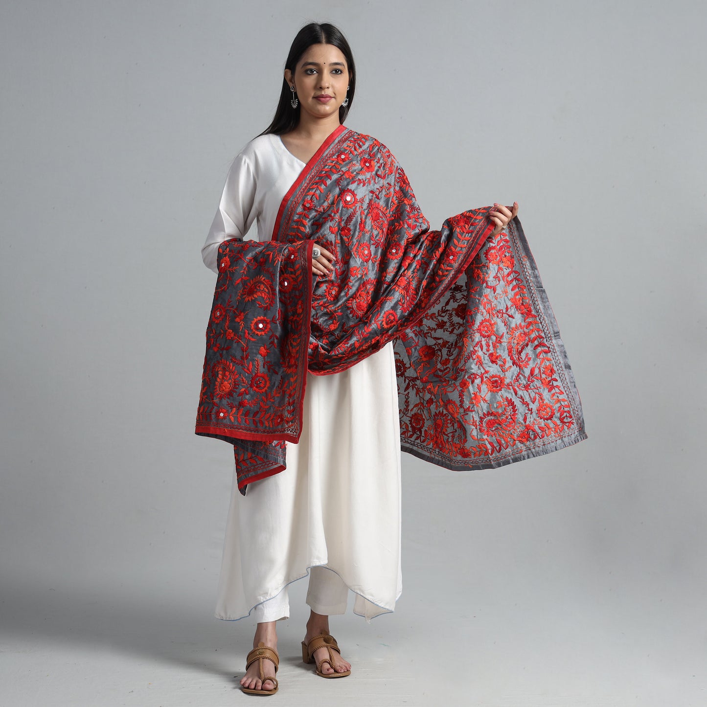 Grey - Ranihati Chanderi Silk Chapa Work Phulkari Embroidered Dupatta 55