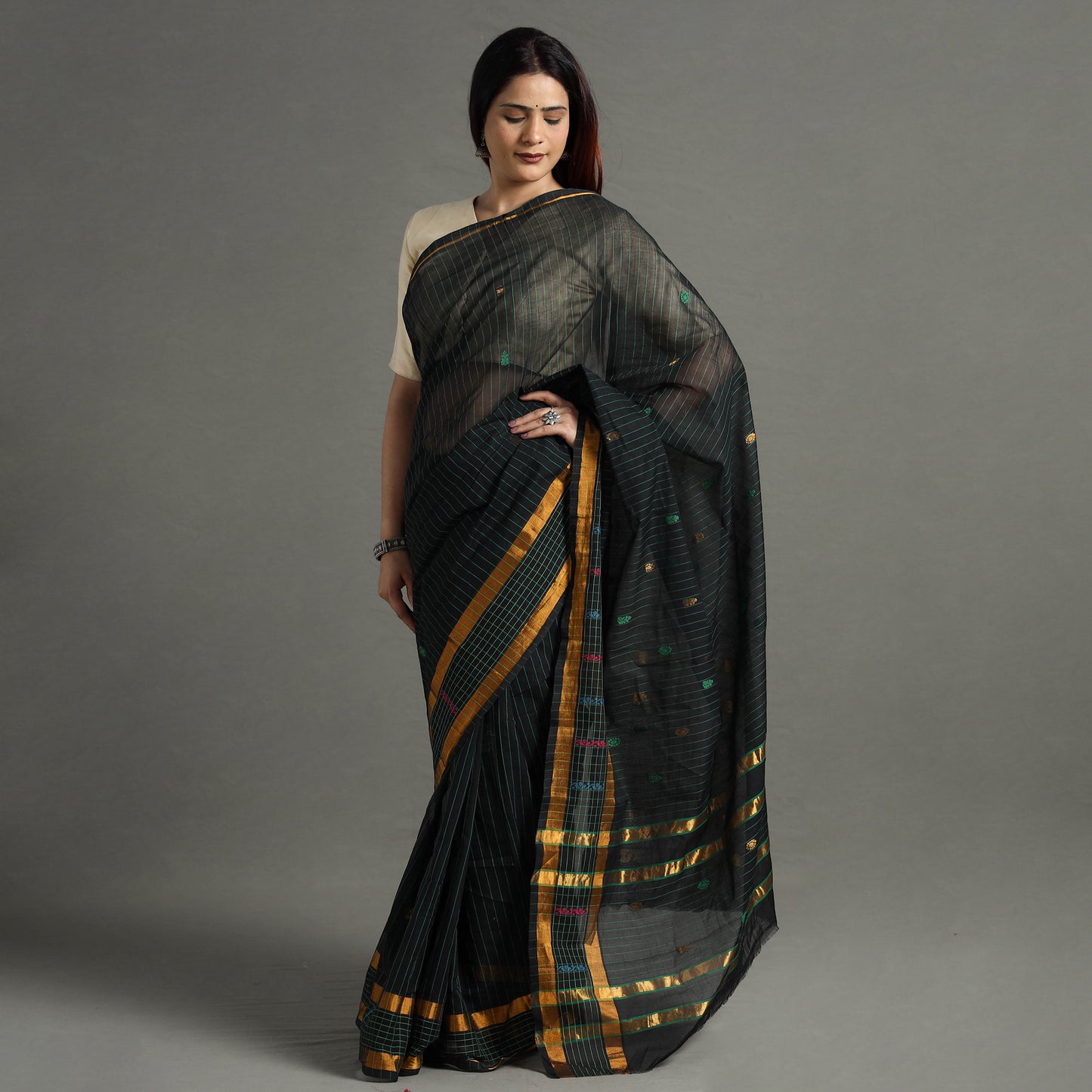 Green - Traditional Venkatagiri Handloom Cotton Stripe Saree with Thread & Zari Buti 34