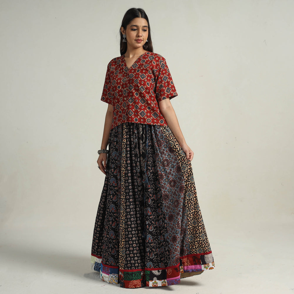 Multicolor - Kutch Block Printed 24 Kali Cotton Long Skirt 36