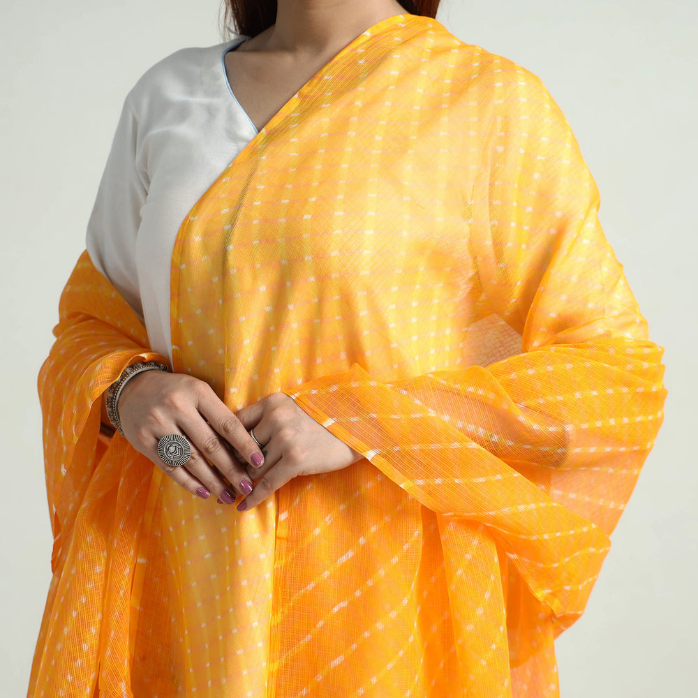 Orange - Leheriya Tie-Dye Mothra Kota Doria Cotton Dupatta with Tassels 10