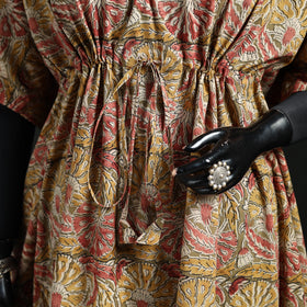 Beige - Kalamkari Hand Block Print Natural Dyed Cotton Kaftan (Long) 02