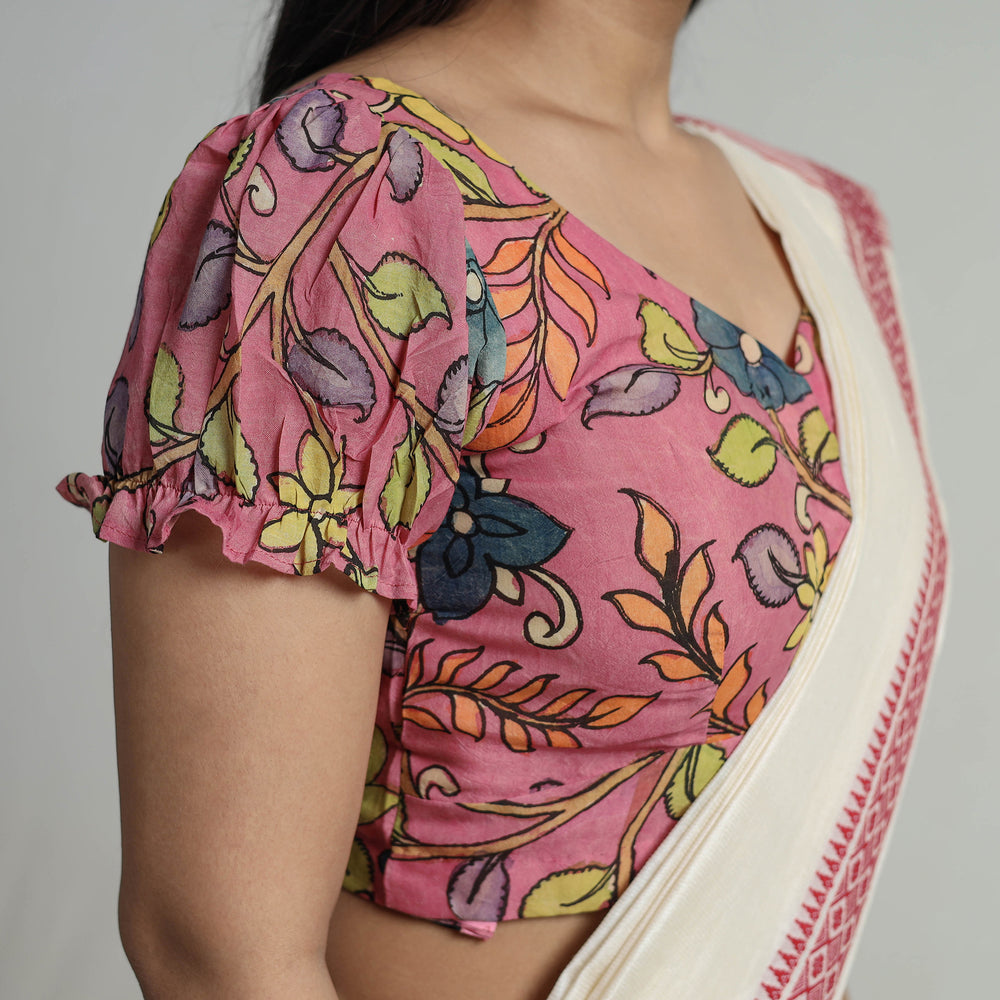 Pink - Srikalahasti Handpainted Penwork Kalamkari Chanderi Silk Stitched Blouse 14