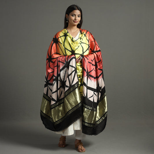Multicolor - Shibori Clamp Dyed Modal Silk Dupatta with Zari Border 34