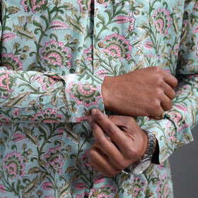 Buy Green Sanganeri Block Print Cotton Men Full Sleeve Shirt