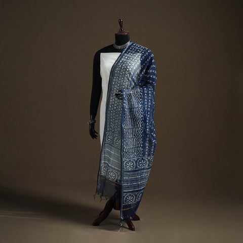 Blue - Pipad Hand Block Print Natural Dyed Kota Doria Cotton Dupatta 14