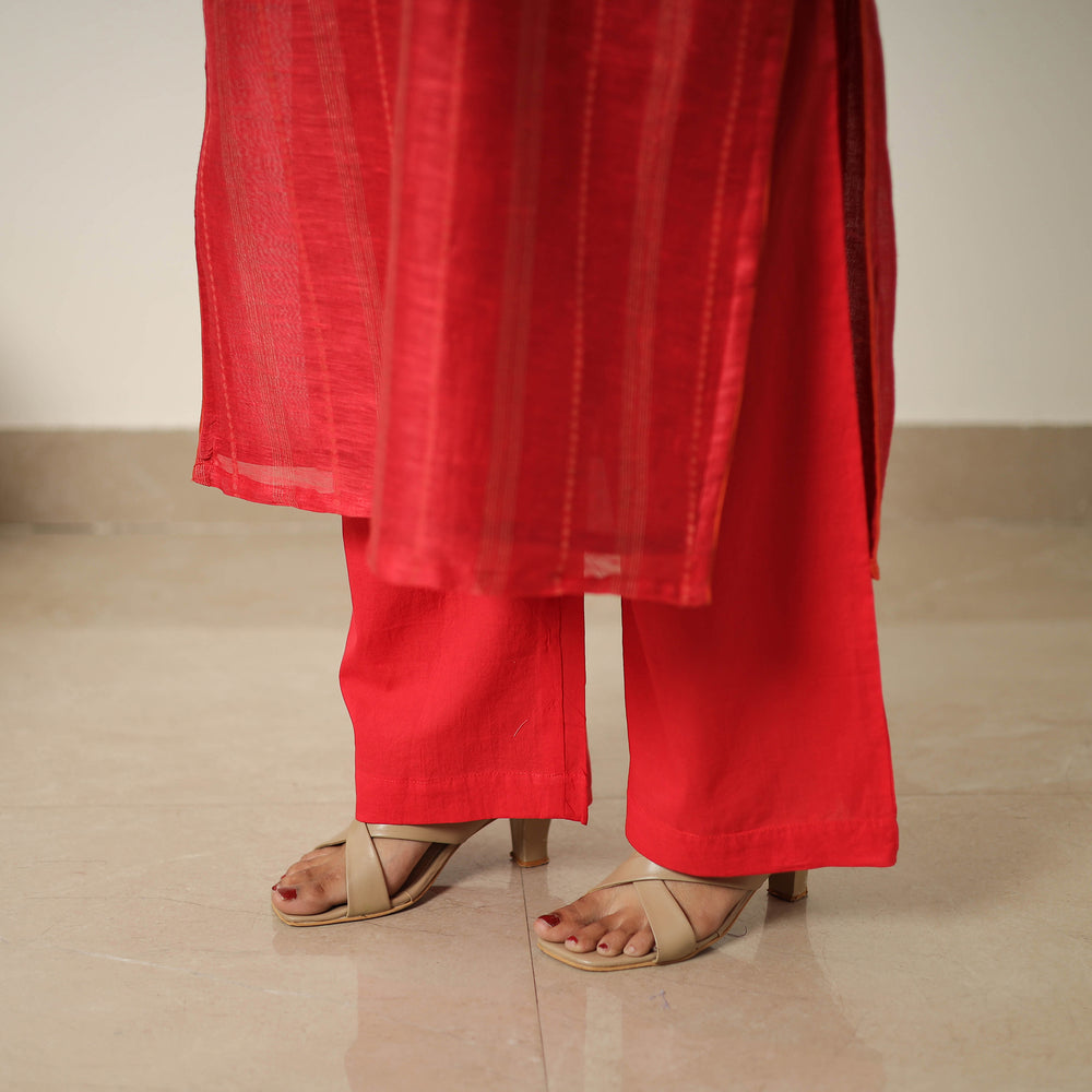 Red - Elegant Linen Silk Handloom Plain Kurta Set 03