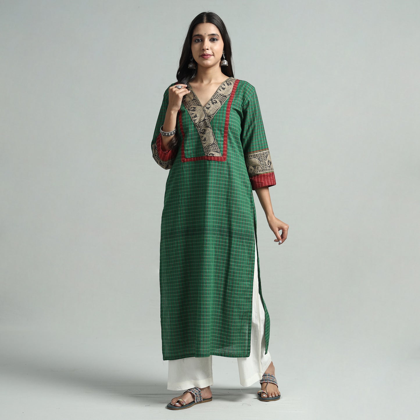 Green - Dharwad Checks Cotton Straight Kurta