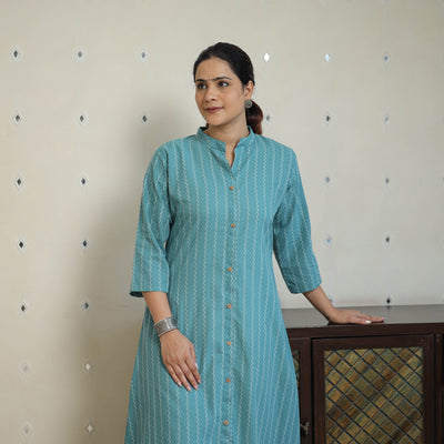 Green - Jacquard Cotton A-Line Kurta 19