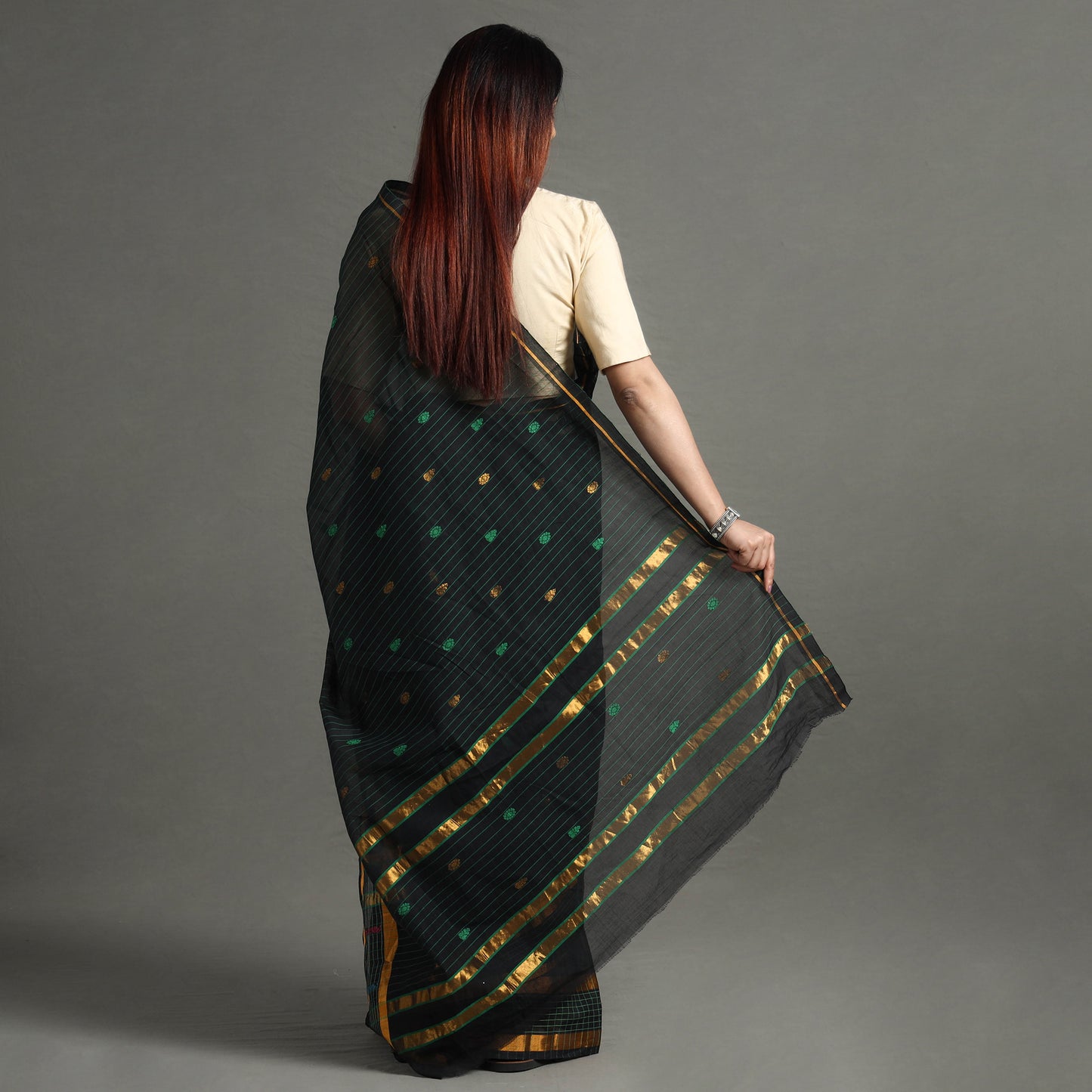 Green - Traditional Venkatagiri Handloom Cotton Stripe Saree with Thread & Zari Buti 34