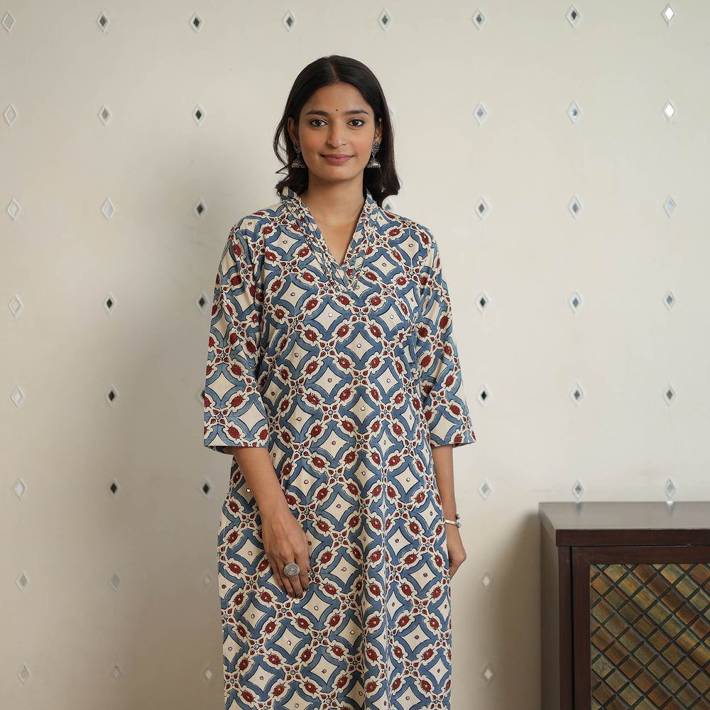 Multicolor - Sequins Work Cotton Straight Ajrakh Print Kurta 06