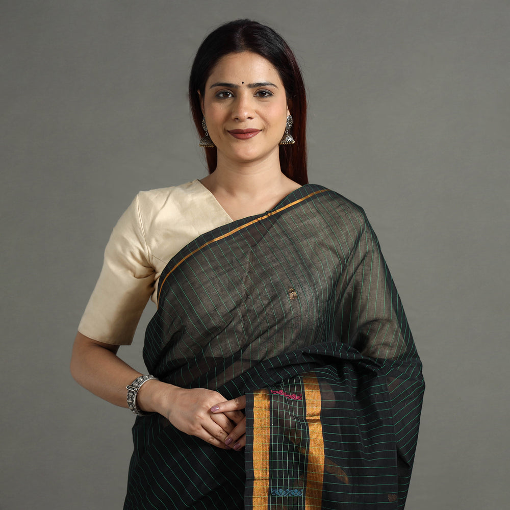 Green - Traditional Venkatagiri Handloom Cotton Stripe Saree with Thread & Zari Buti 34