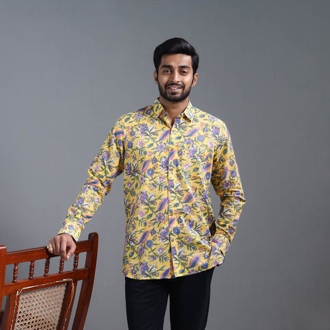 Yellow - Sanganeri Block Printed Cotton Men Full Sleeve Shirt 09