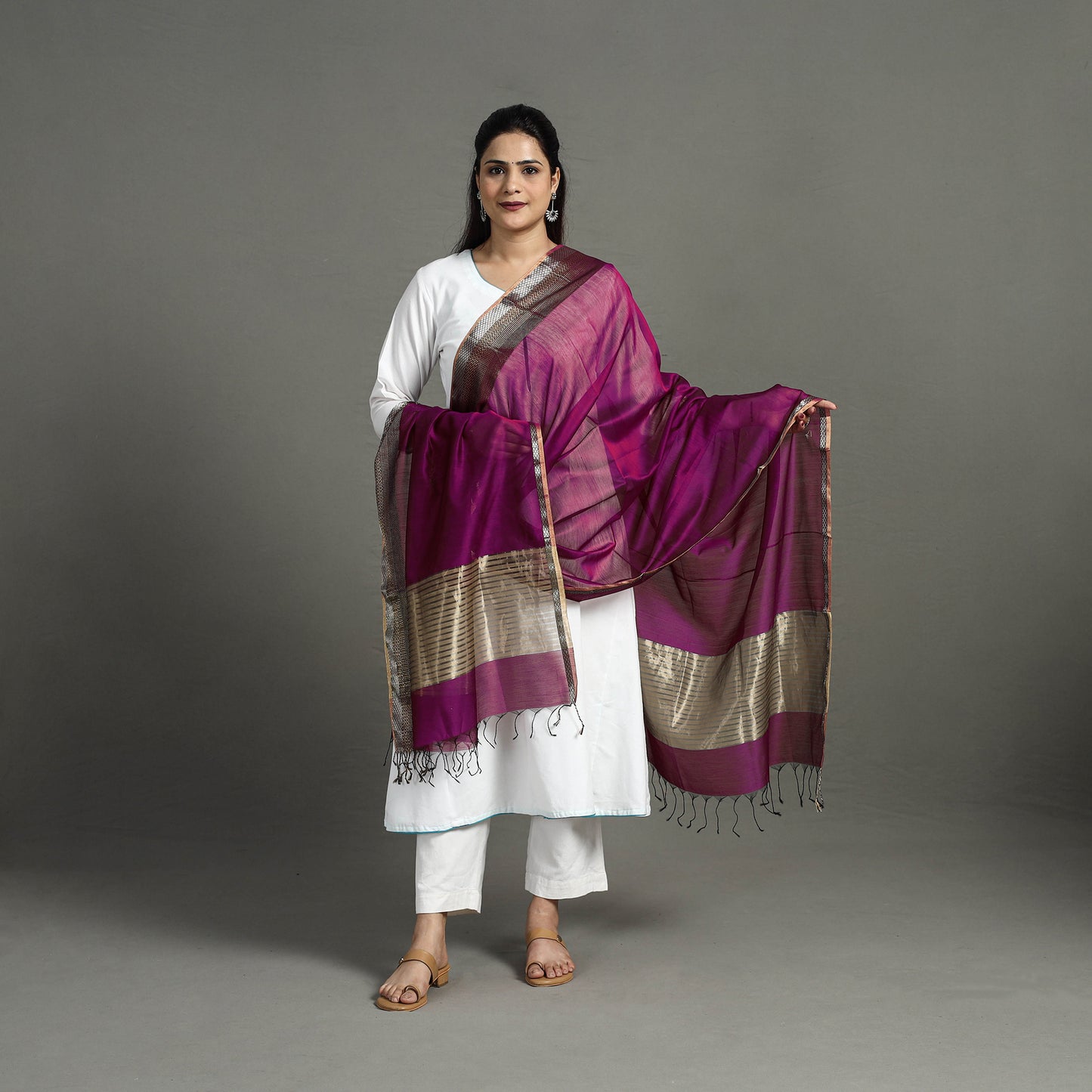 Purple - Handloom Silk Cotton Zari Work Maheshwari Dupatta 36