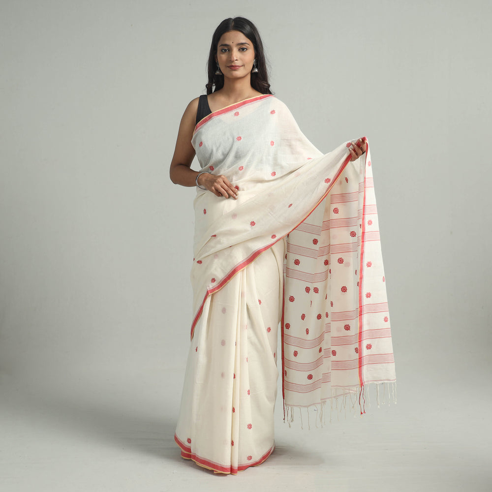 White - Handloom Cotton Phulia Jamdani Saree with Tassels 35