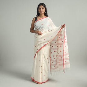 White - handloom cotton phulia jamdani saree with tassels