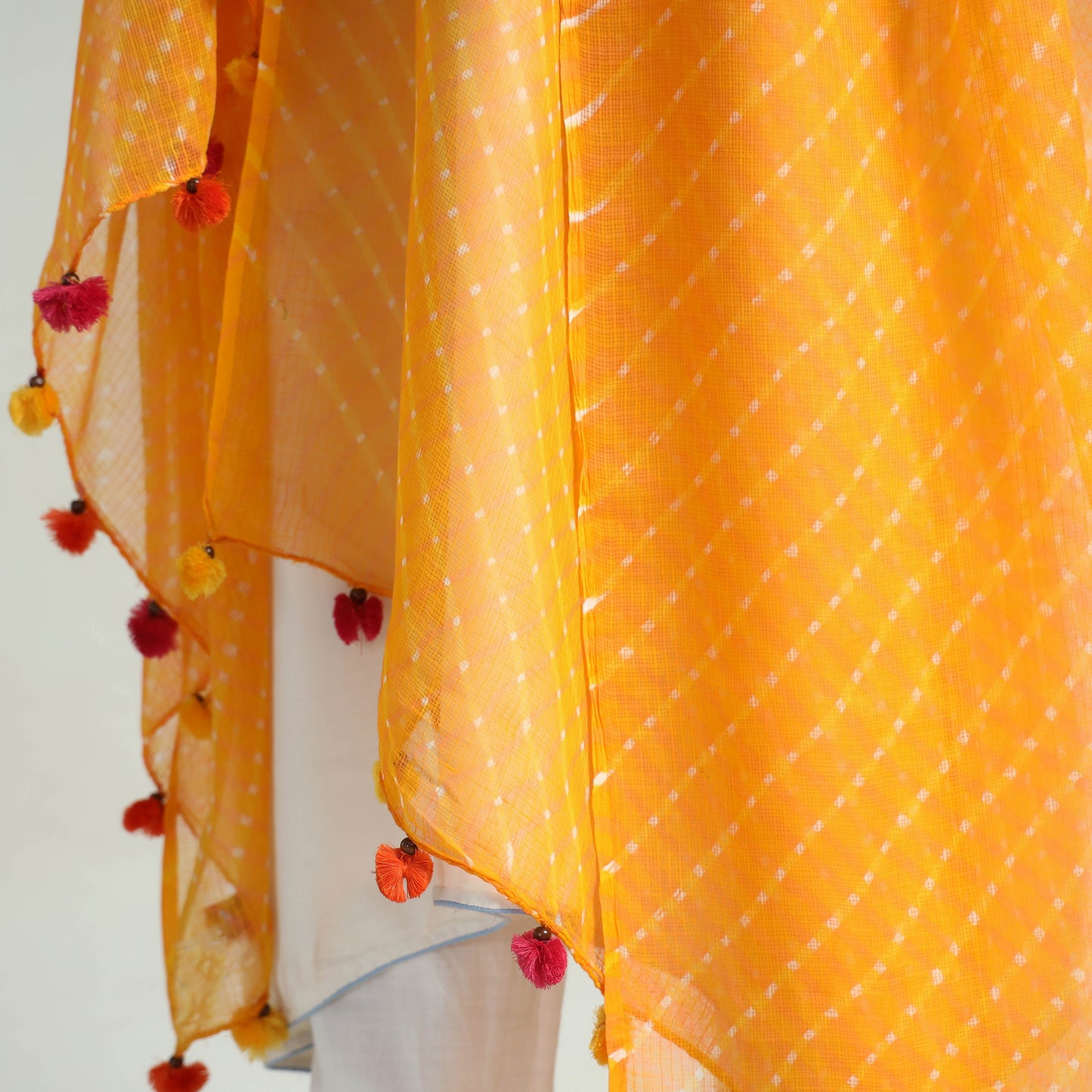 Orange - Leheriya Tie-Dye Mothra Kota Doria Cotton Dupatta with Tassels 10