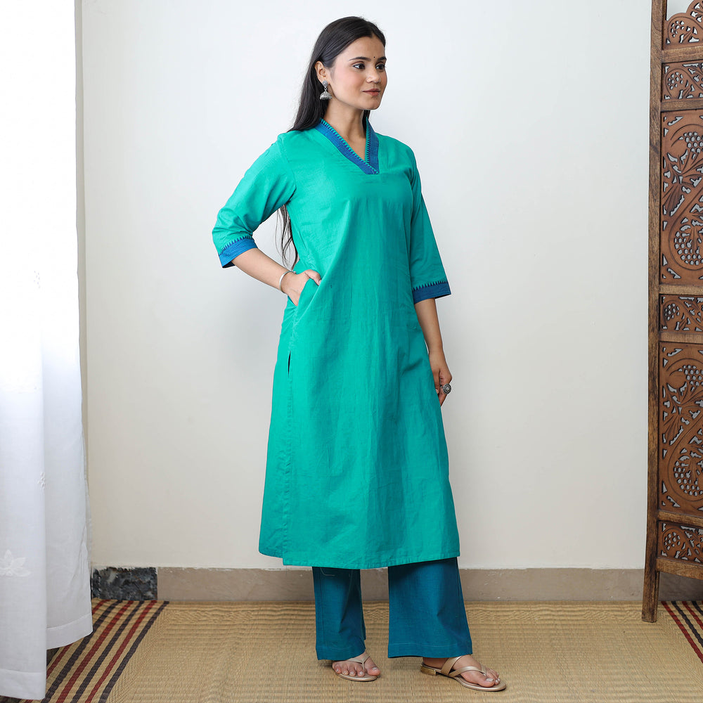 Green - Dharwad Cotton Kurta with Palazzo & Dupatta Set 24