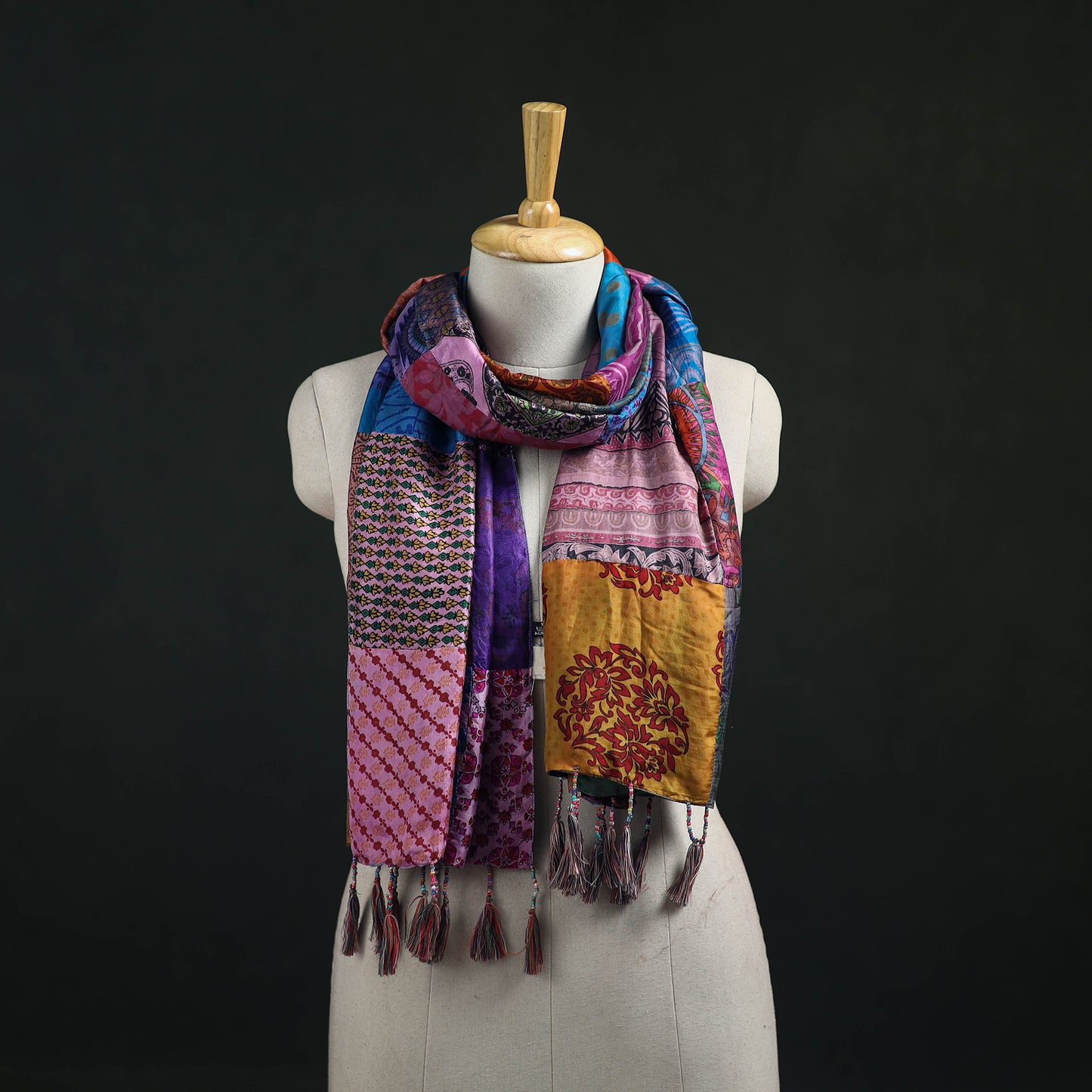 Pure Silk Reversible Patchwork Stole with Tassels 11