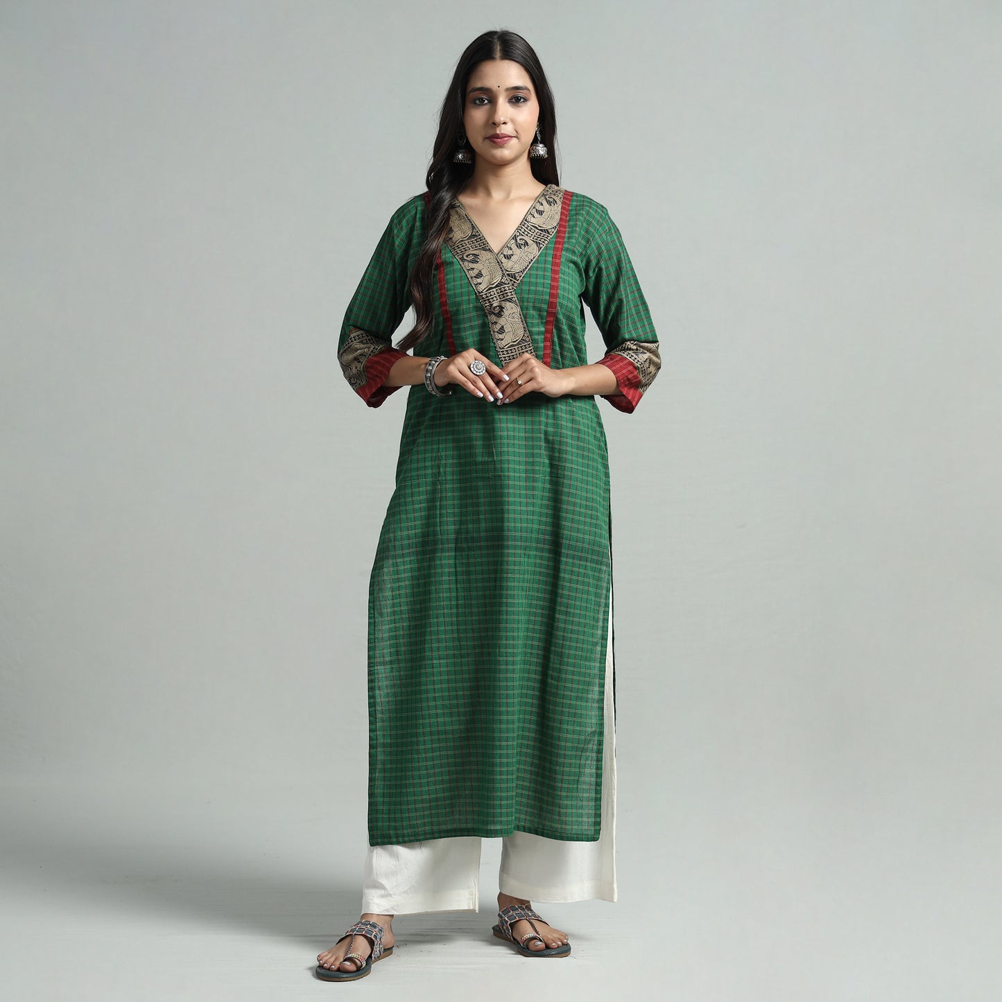 Green - Dharwad Checks Cotton Straight Kurta