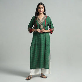 Green - Dharwad Checks Cotton Straight Kurta