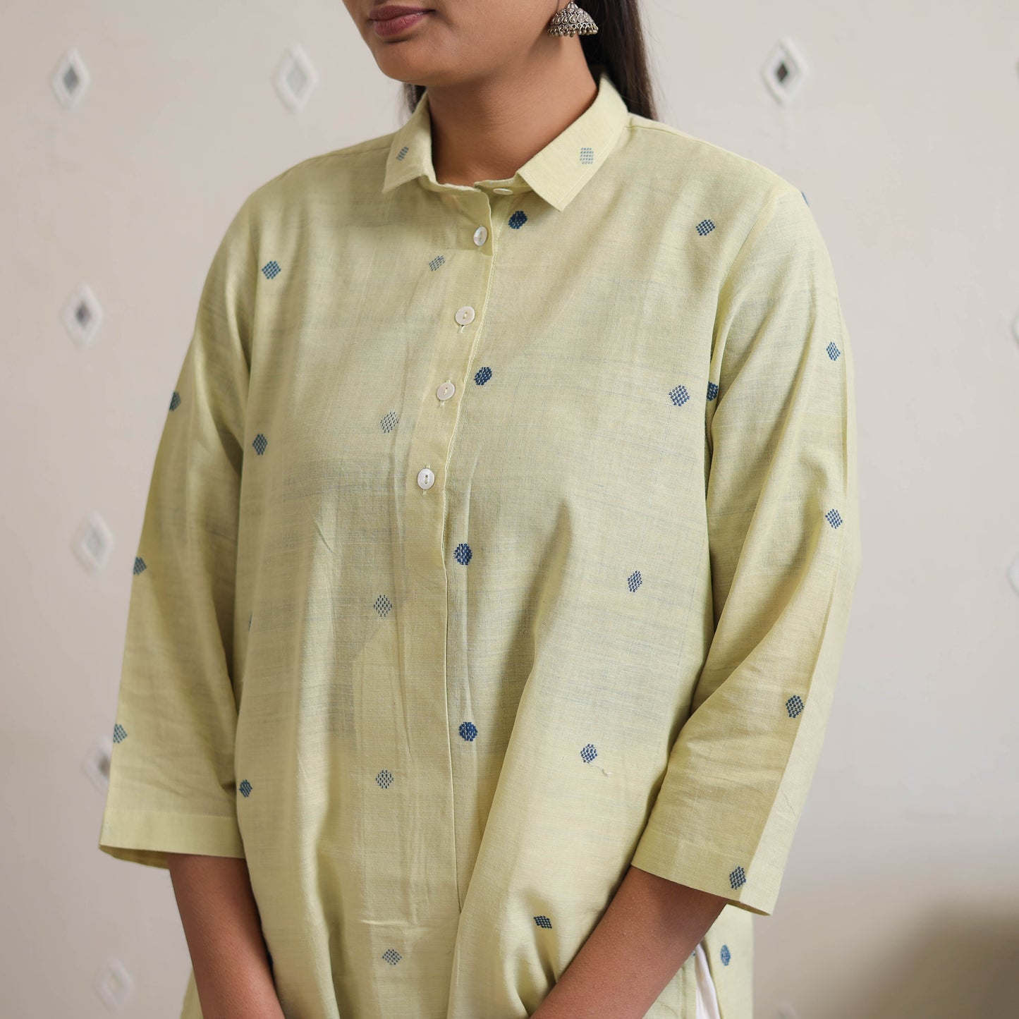 Light Yellow - Shirt Collar Handwoven Cotton Jamdani Kurta 26