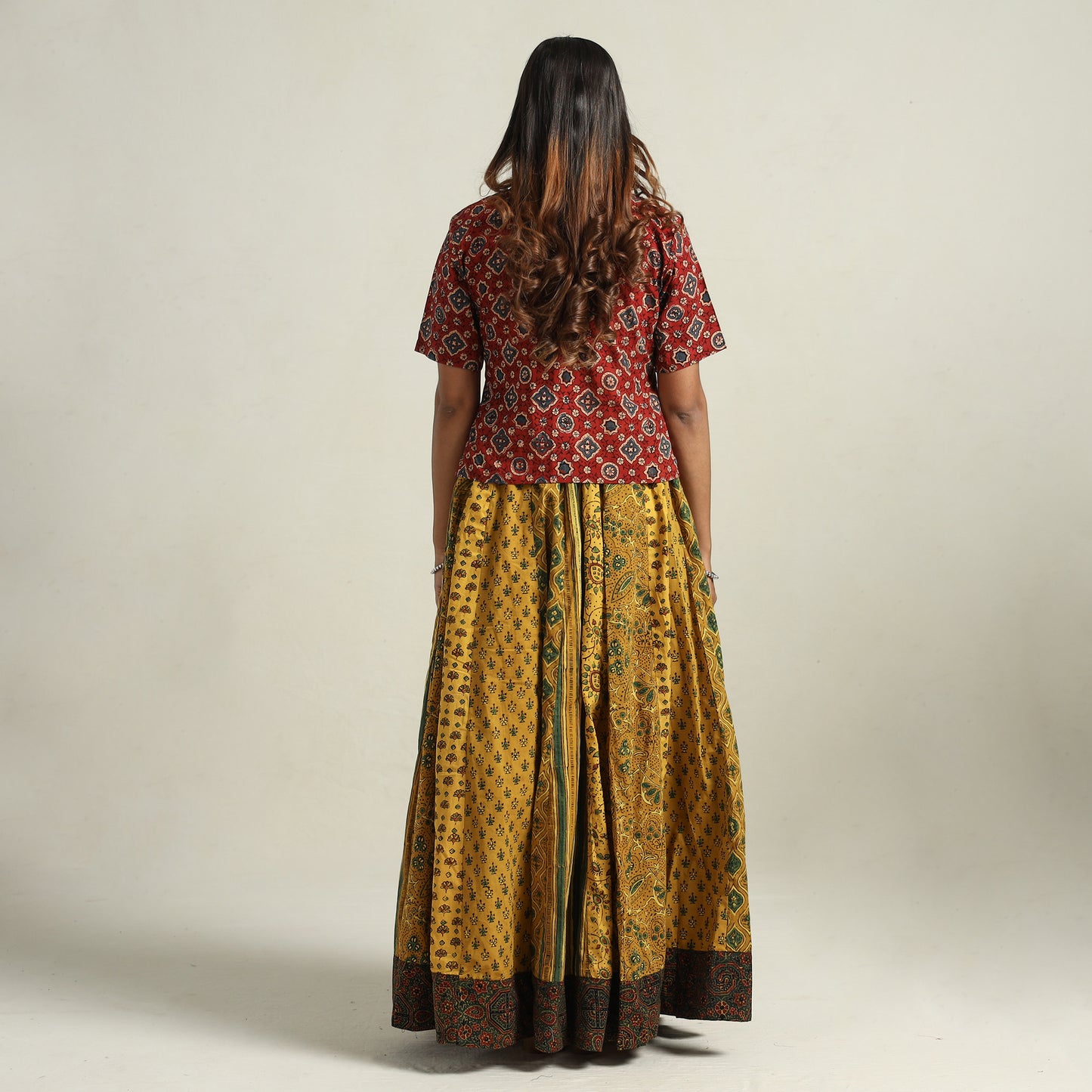 Yellow - Ajrakh Block Printed 24 Kali Patchwork Cotton Long Skirt 21