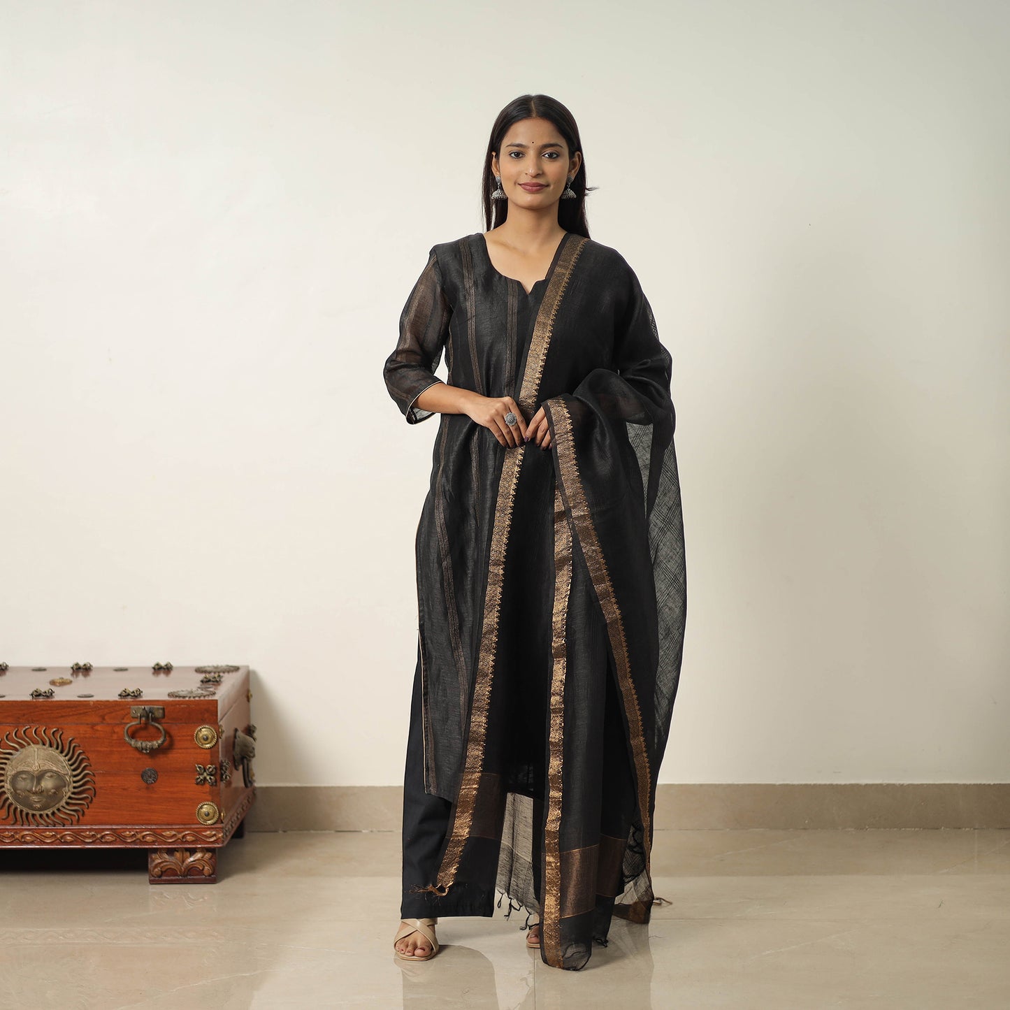 Black - Elegant Linen Silk Handloom Plain Kurta Set 04