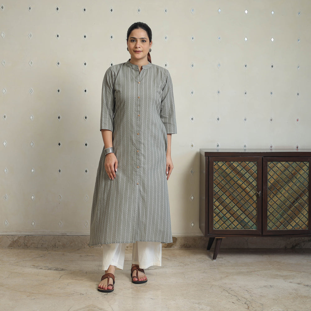 Grey - Jacquard Cotton A-Line Kurta 16