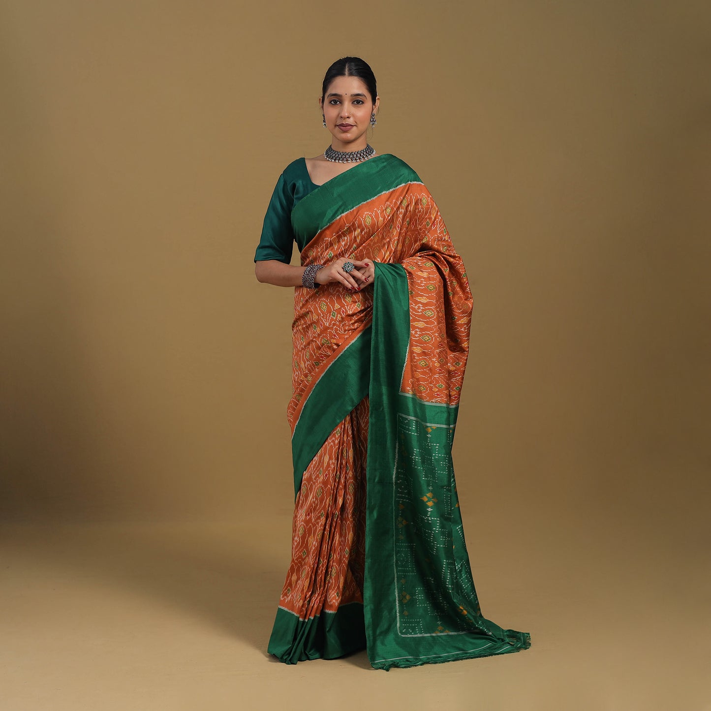 Orange - Handspun Handloom Silk Pochampally Ikat Saree 02