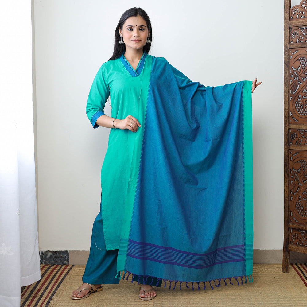 Green - Dharwad Cotton Kurta with Palazzo & Dupatta Set 24