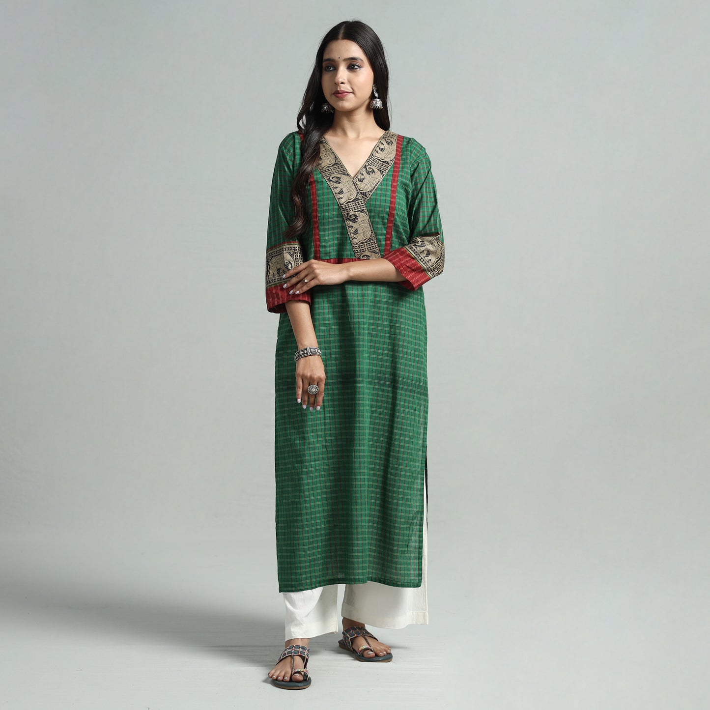 Green - Dharwad Checks Cotton Straight Kurta