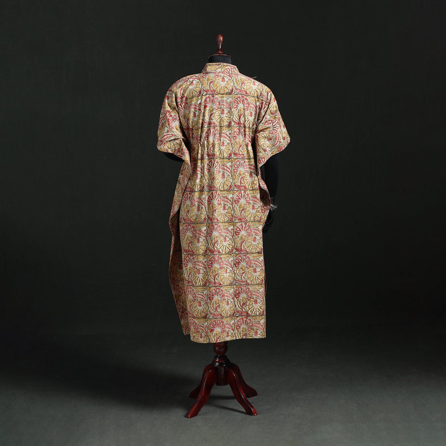 Beige - Kalamkari Hand Block Print Natural Dyed Cotton Kaftan (Long) 02